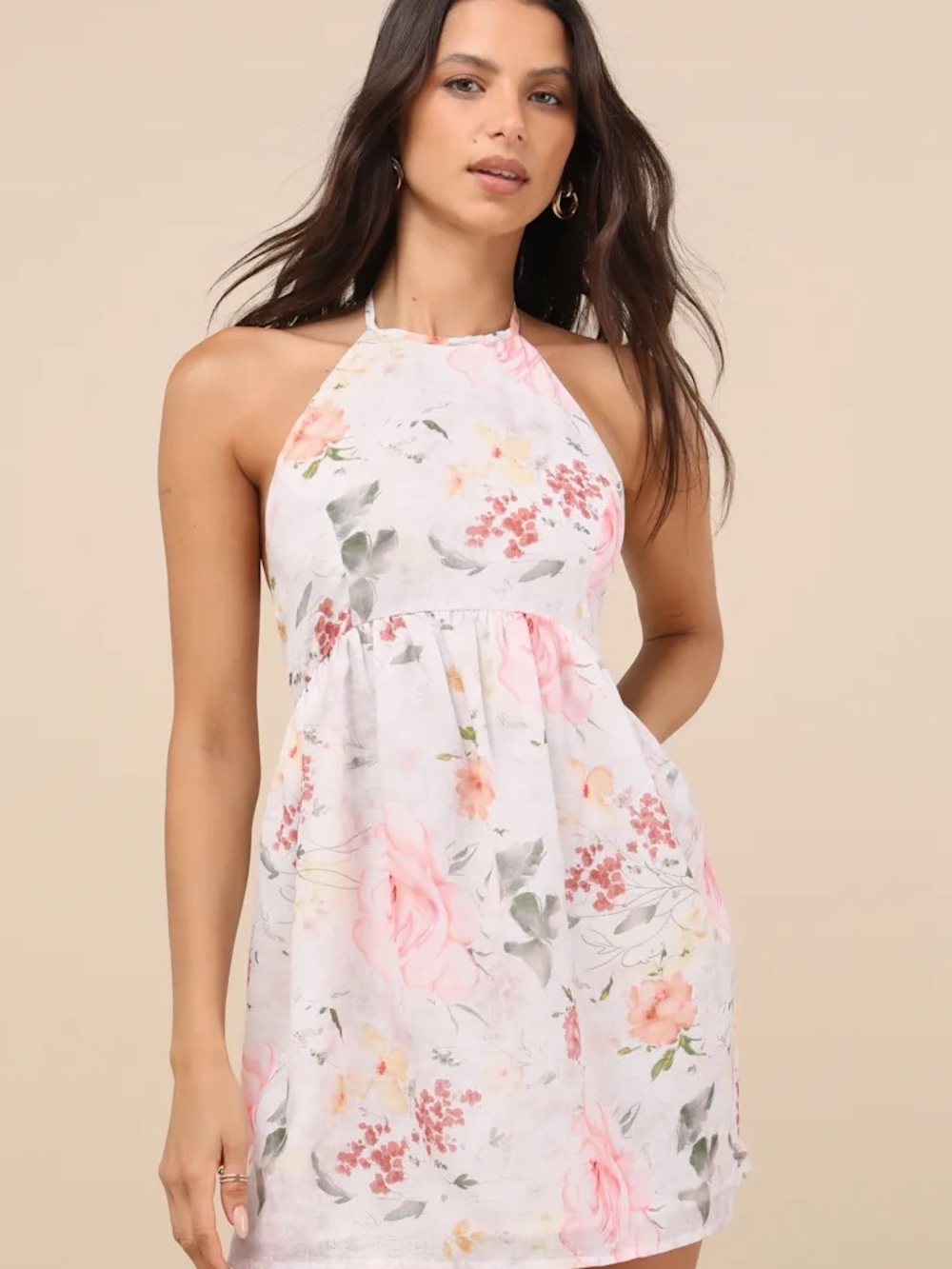 Lulu's White & Pink Floral Halter Mini Dress